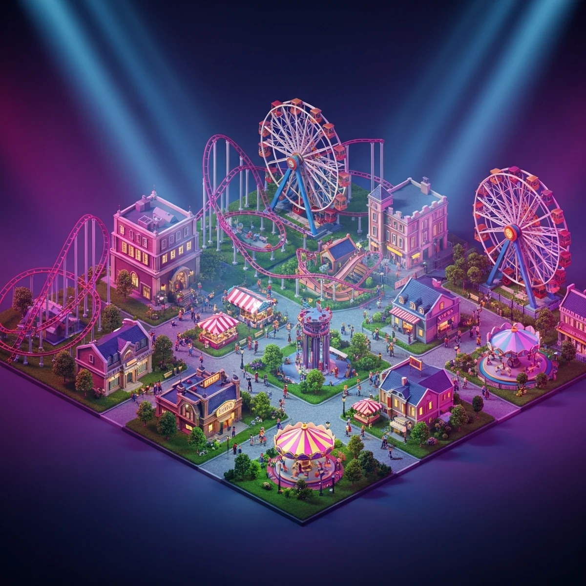 Visão isométrica de um parque de diversões colorido em um jogo de gerenciamento, com brinquedos, caminhos e visitantes circulando, sem texto