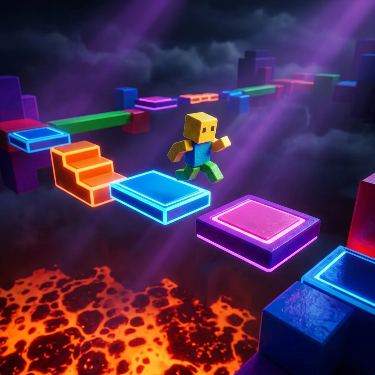 Personagem do Roblox pulando entre plataformas coloridas de um obby em construção no Roblox Studio