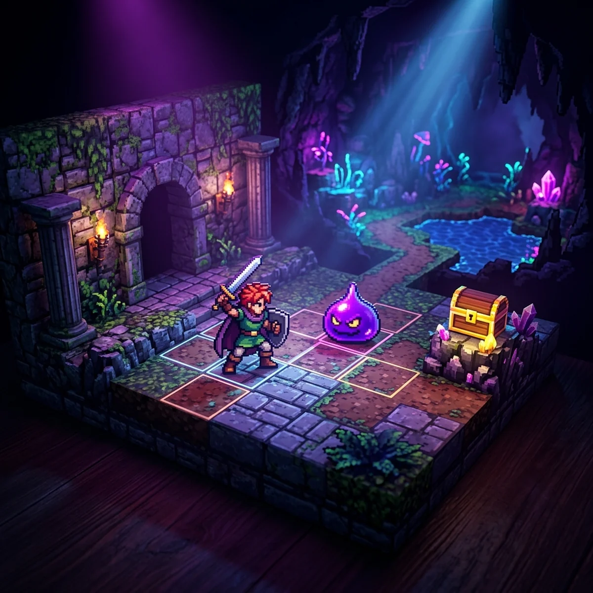 Tela de editor de RPG de turno estilo 16 bits com mapa feito de tiles, um herói e um grupo de inimigos