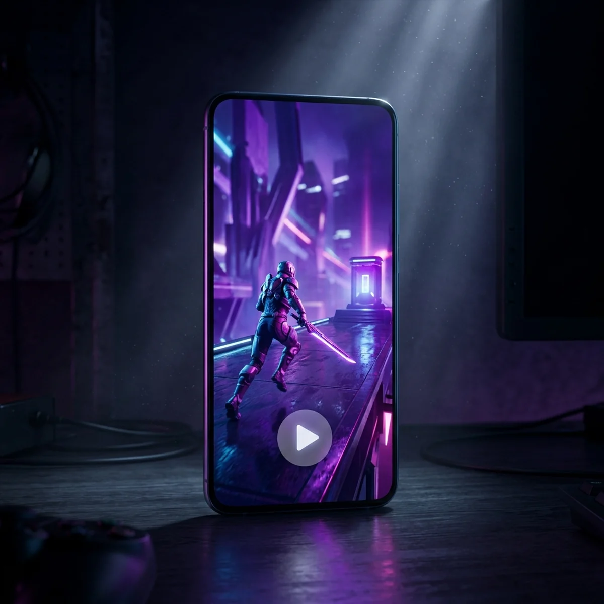 Tela de celular na vertical mostrando um clipe de gameplay com botão de play e formato de vídeo curto