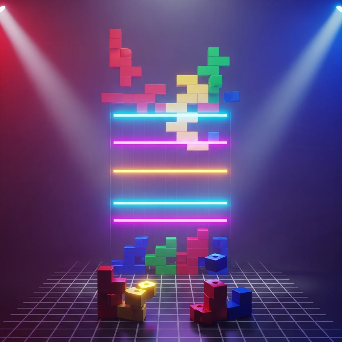 Tela de um clone de Tetris feito na Godot mostrando o tabuleiro de blocos coloridos em um grid 10x20