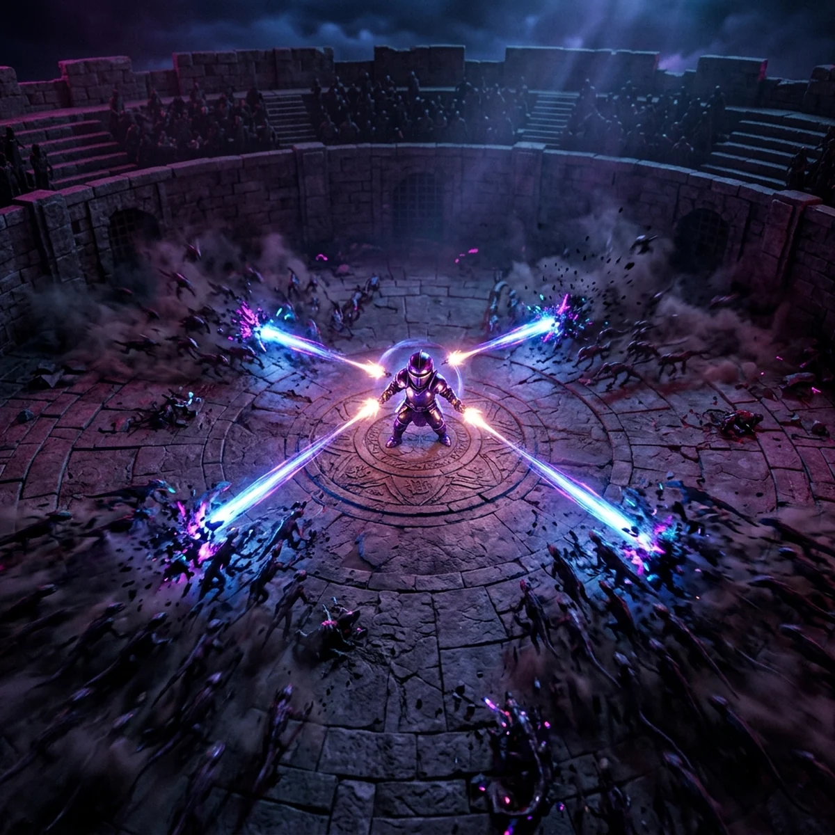 Personagem visto de cima no centro de uma arena atirando em várias direções contra criaturas que se aproximam pelas bordas