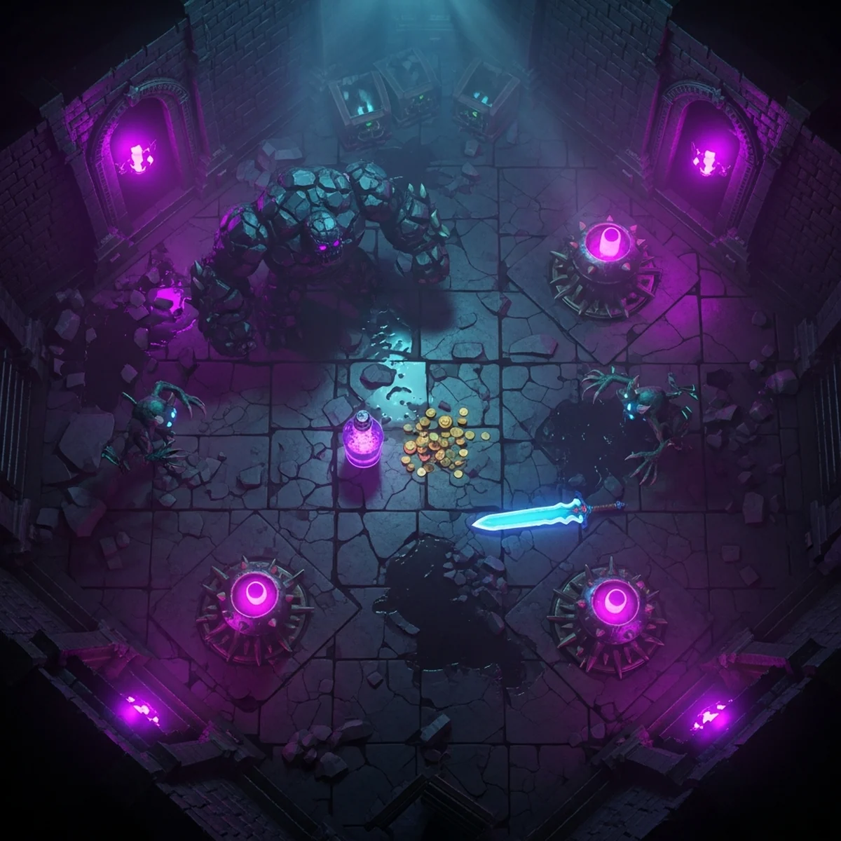 Cena de roguelike 2D top-down com uma sala gerada cheia de inimigos e itens espalhados pelo chão