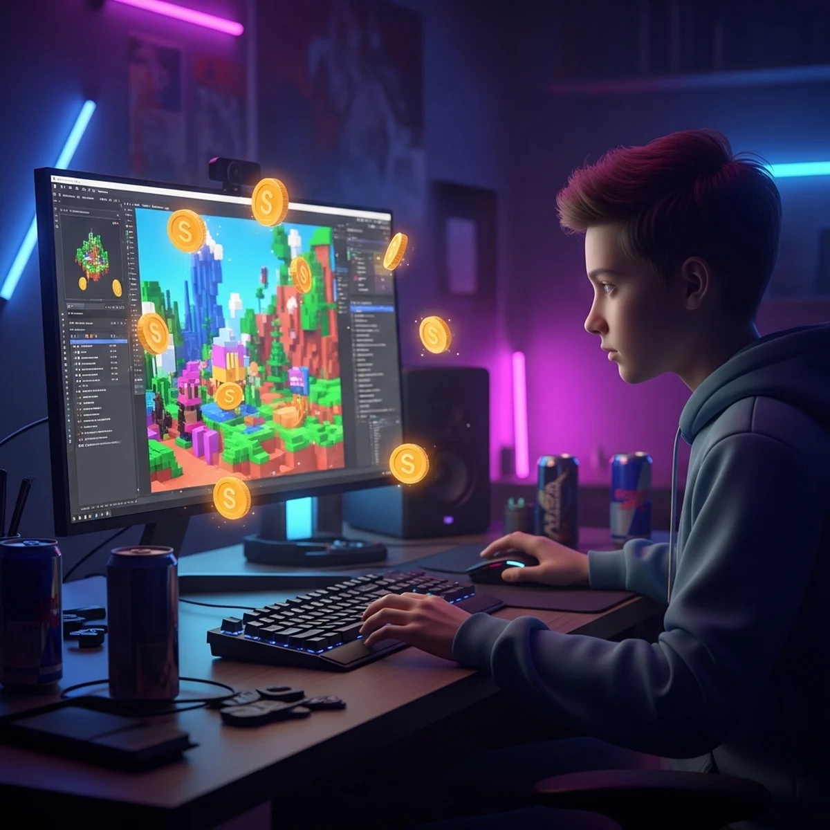 Adolescente no computador olhando o painel de monetizacao do Roblox Studio, com o jogo que ele criou aberto na outra tela