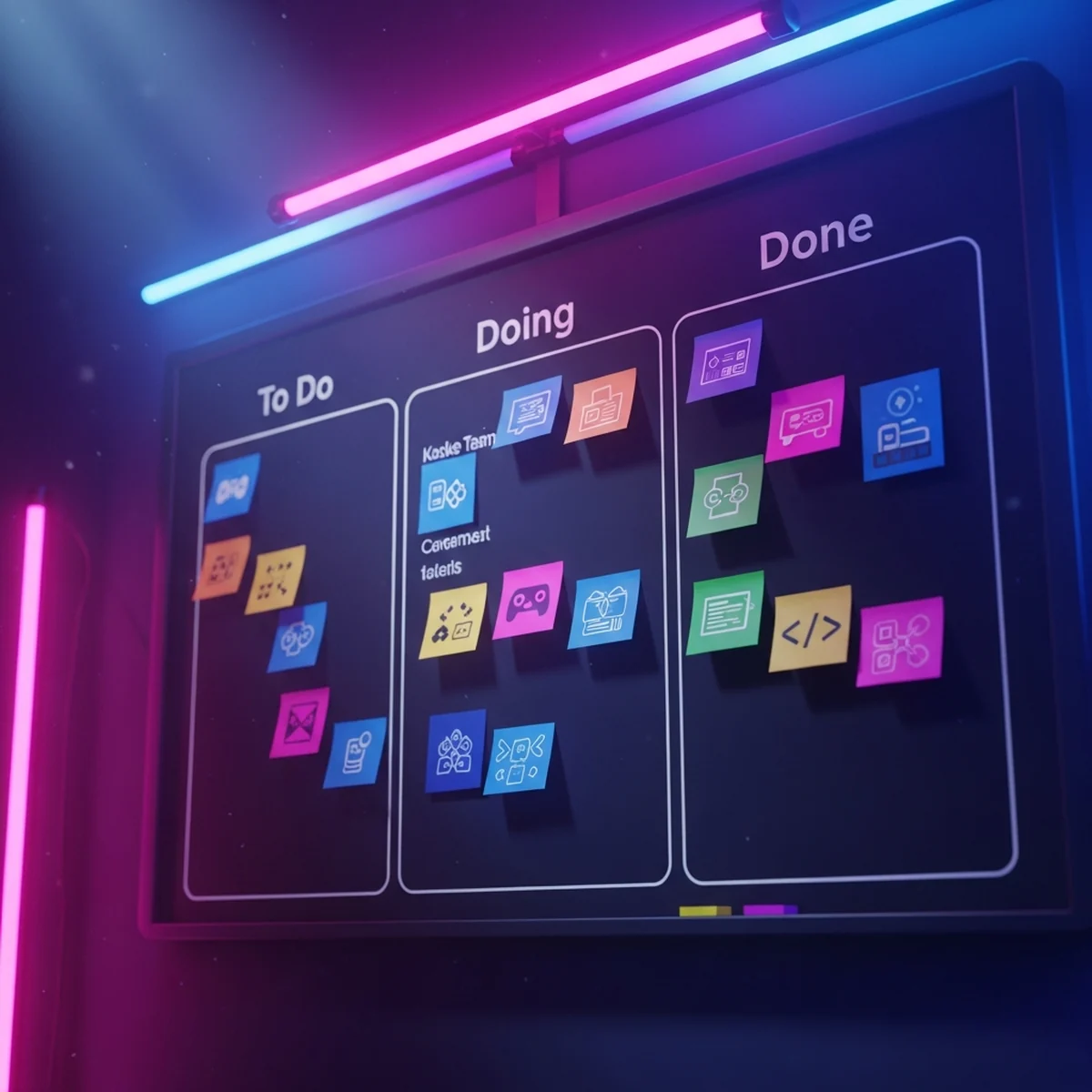 Quadro Kanban com colunas de tarefas e post-its empilhados usado para tocar a produção de um jogo, sem texto legível