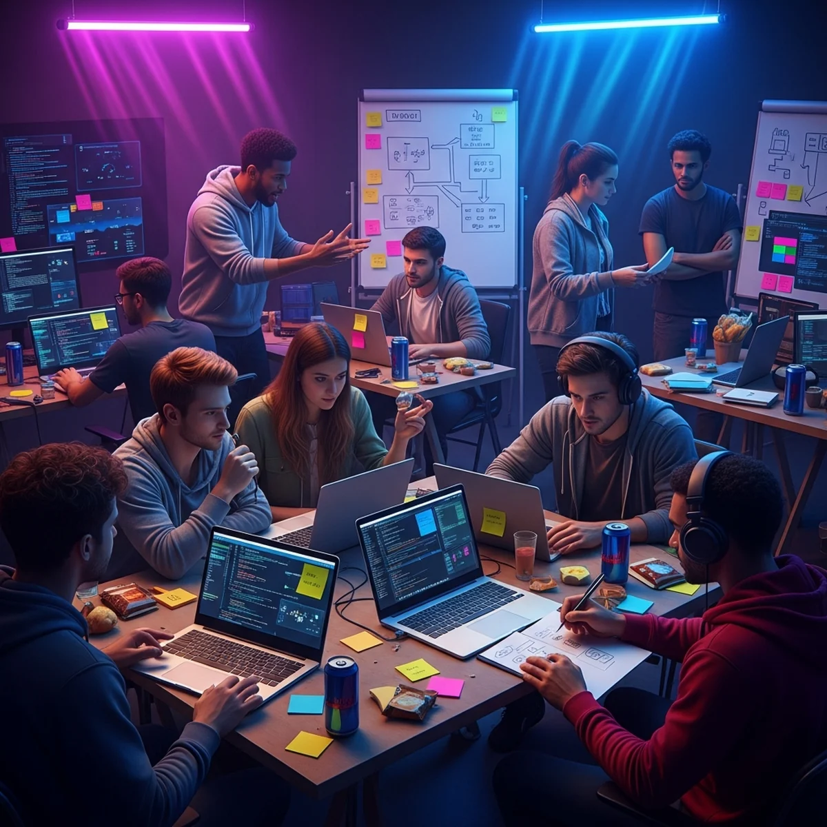 Organizadores de uma game jam planejando o evento em um quadro branco com cronograma e regras