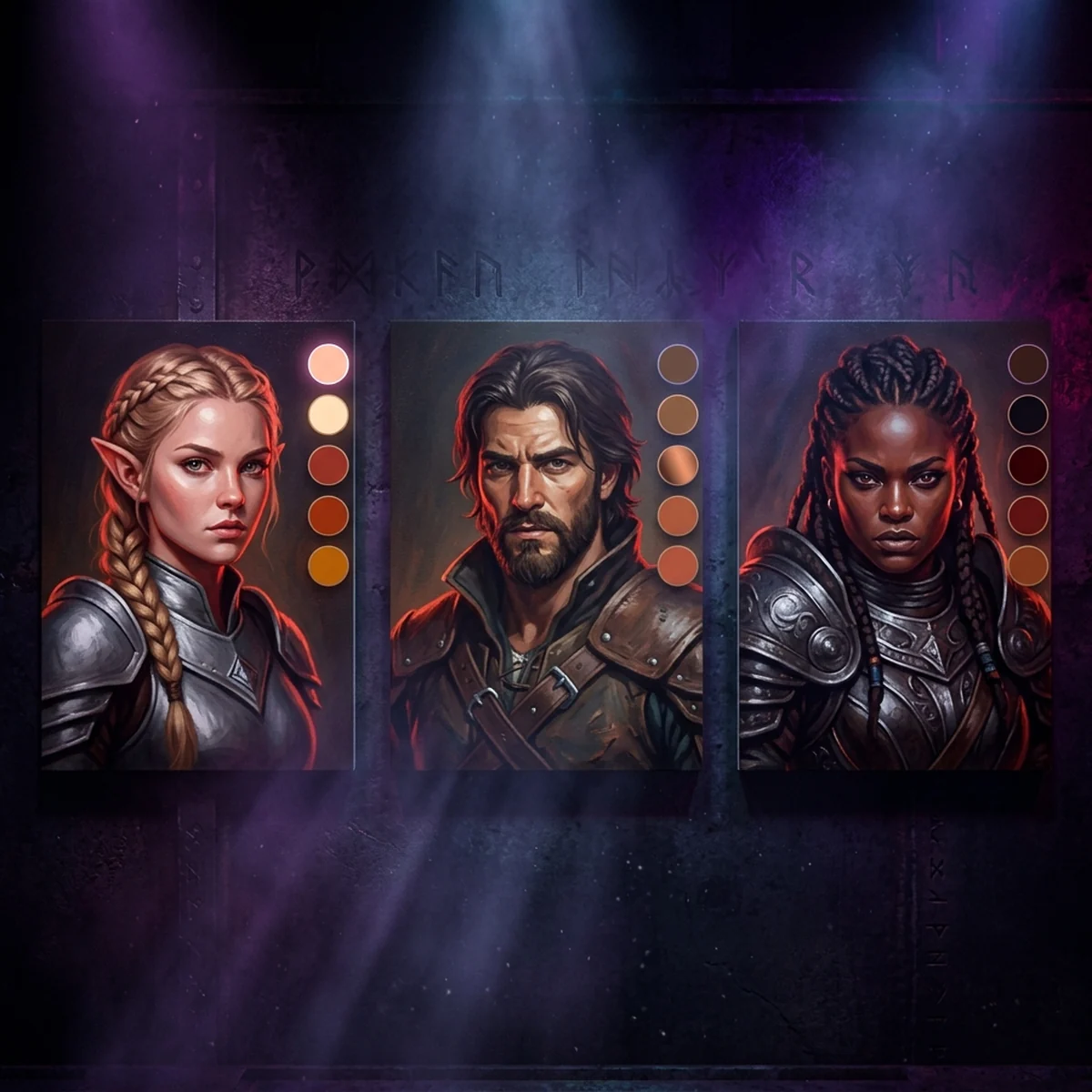 Retratos de três personagens de jogo com tons de pele diferentes, cada um com luz, meio-tom e sombra avermelhada na transição