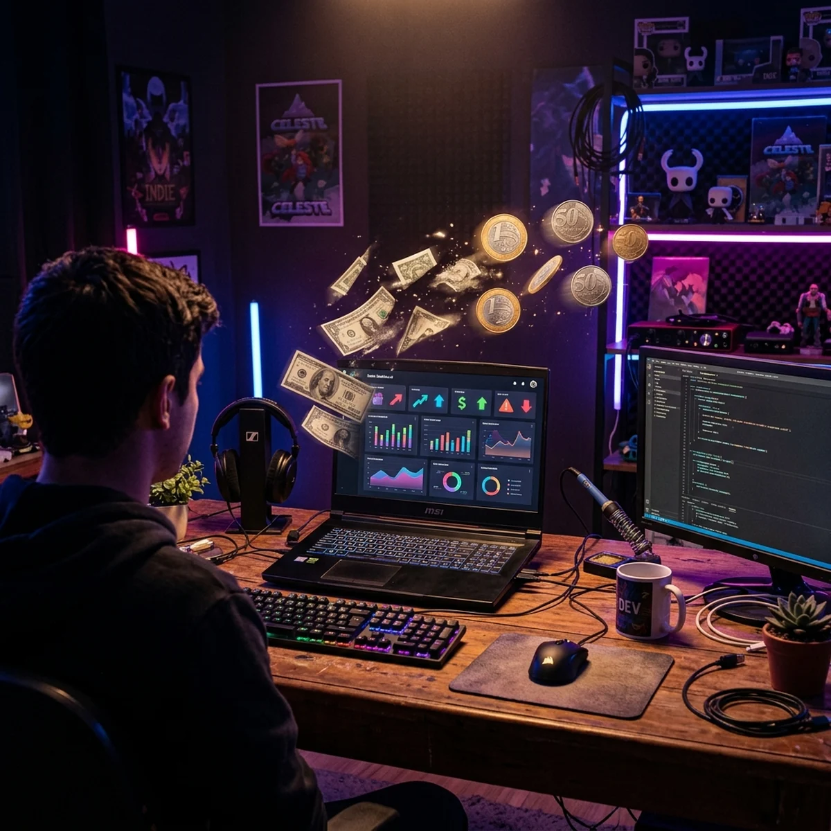 Notas de dólar e moedas ao lado de um notebook com gráfico de vendas de jogo, ilustrando o pagamento internacional de um desenvolvedor brasileiro