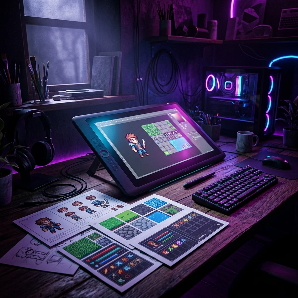 Mesa de desenho digital com esboços de personagem, um tileset e uma interface de jogo dispostos em sequência