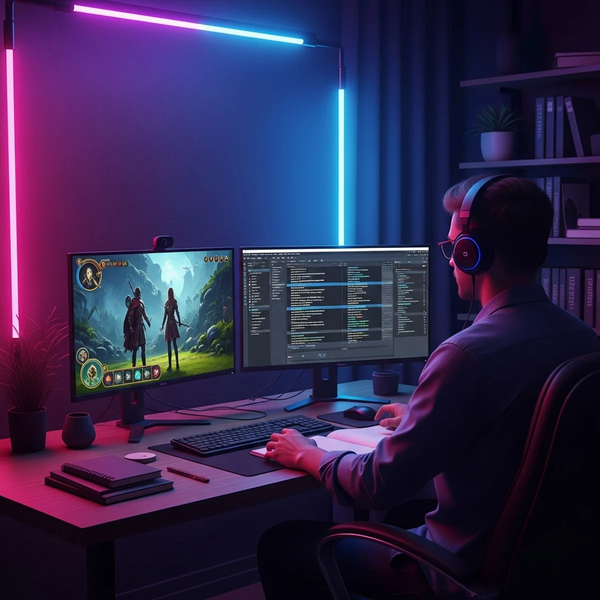 Tradutor de jogos trabalhando com duas telas: uma com planilha de textos em inglês e português e outra com o jogo rodando para testar a tradução