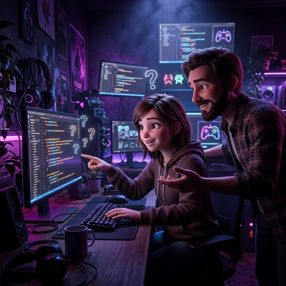 Pessoa iniciante em desenvolvimento de jogos pedindo ajuda em um chat de comunidade online, com um mentor respondendo e trecho de código na tela