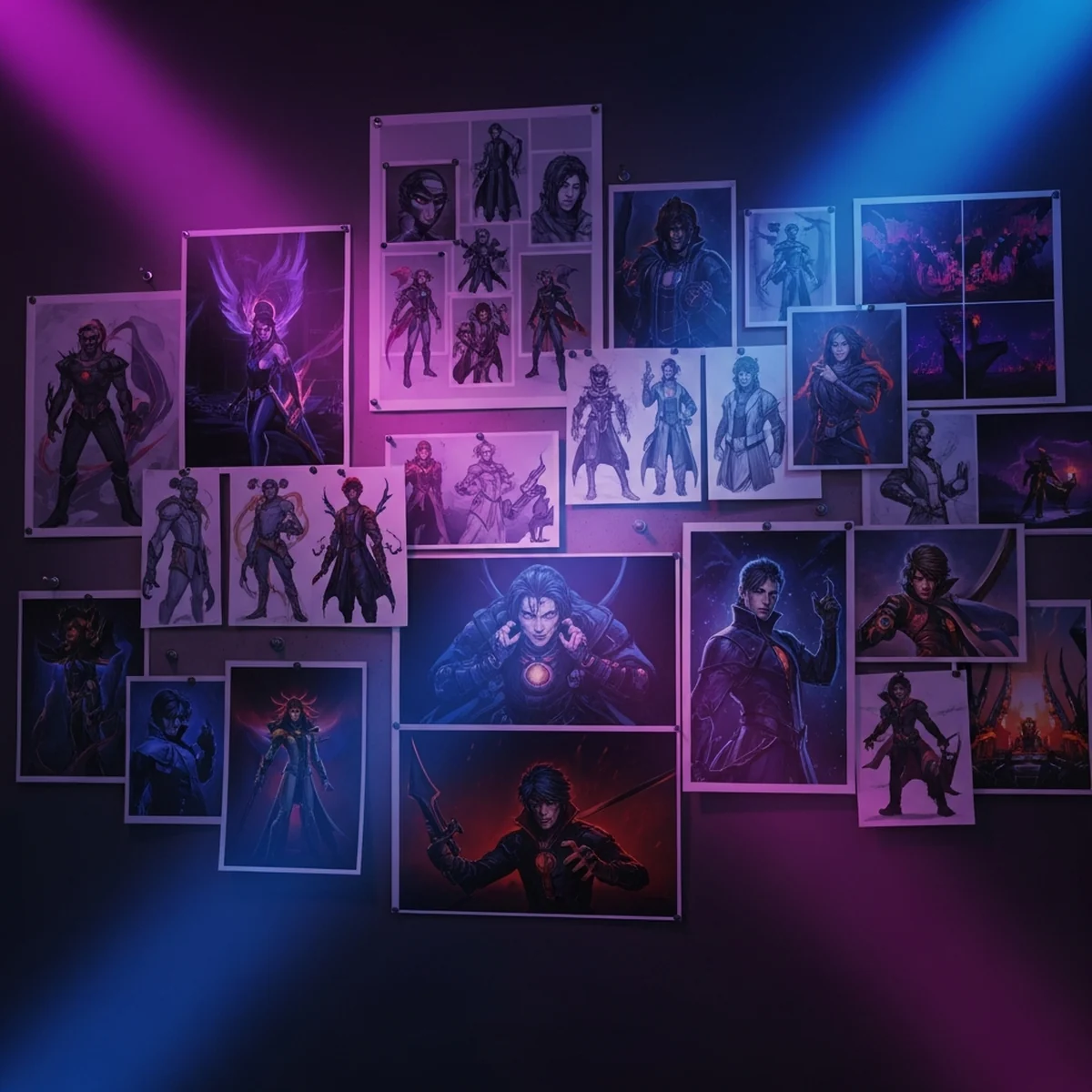 Pranchas de concept art de personagem e cenário de um jogo