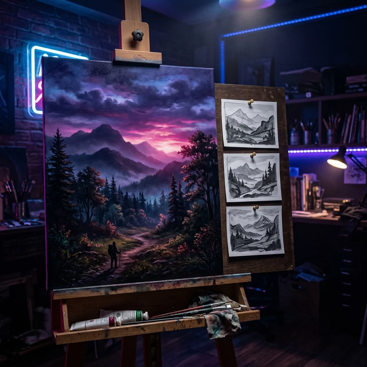 Pintura de cenário 2D de floresta ao entardecer com plataformas em primeiro plano e montanhas em camadas ao fundo