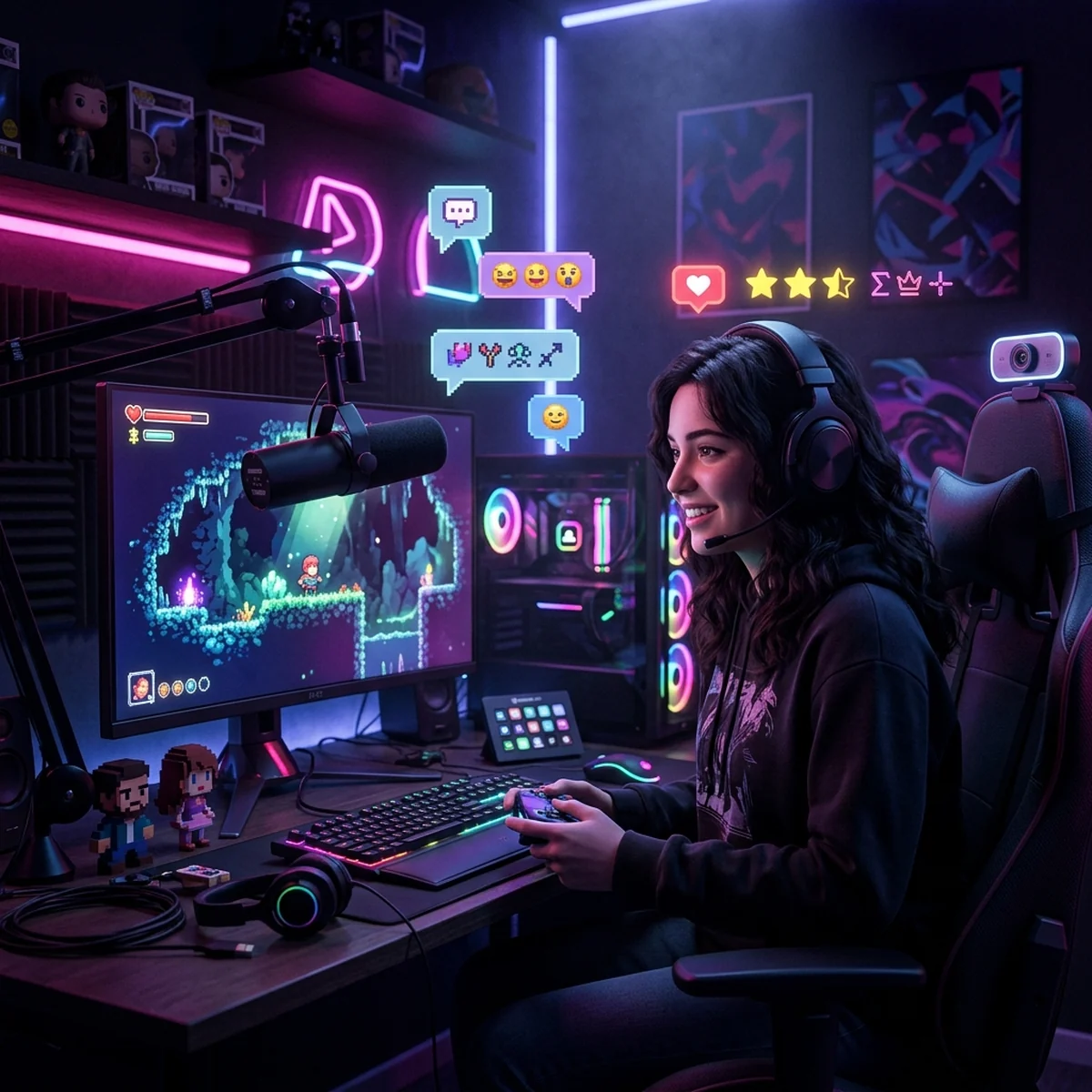 Ilustração plana de um streamer de jogos em sua bancada com webcam e microfone jogando um jogo indie numa tela grande, com balões de chat e ícones de notificação