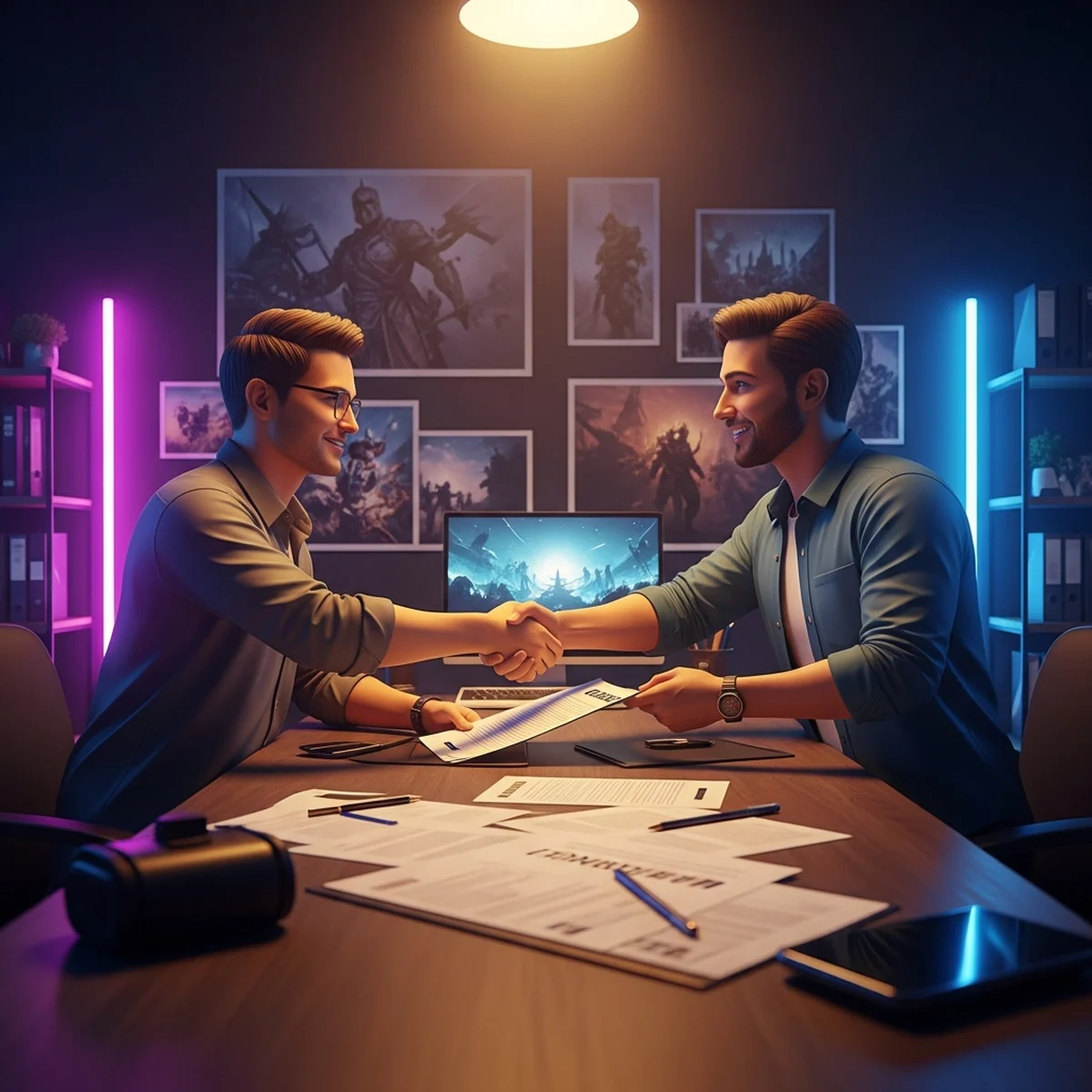 Três desenvolvedores em volta de uma mesa apertando as mãos sobre documentos e um notebook aberto