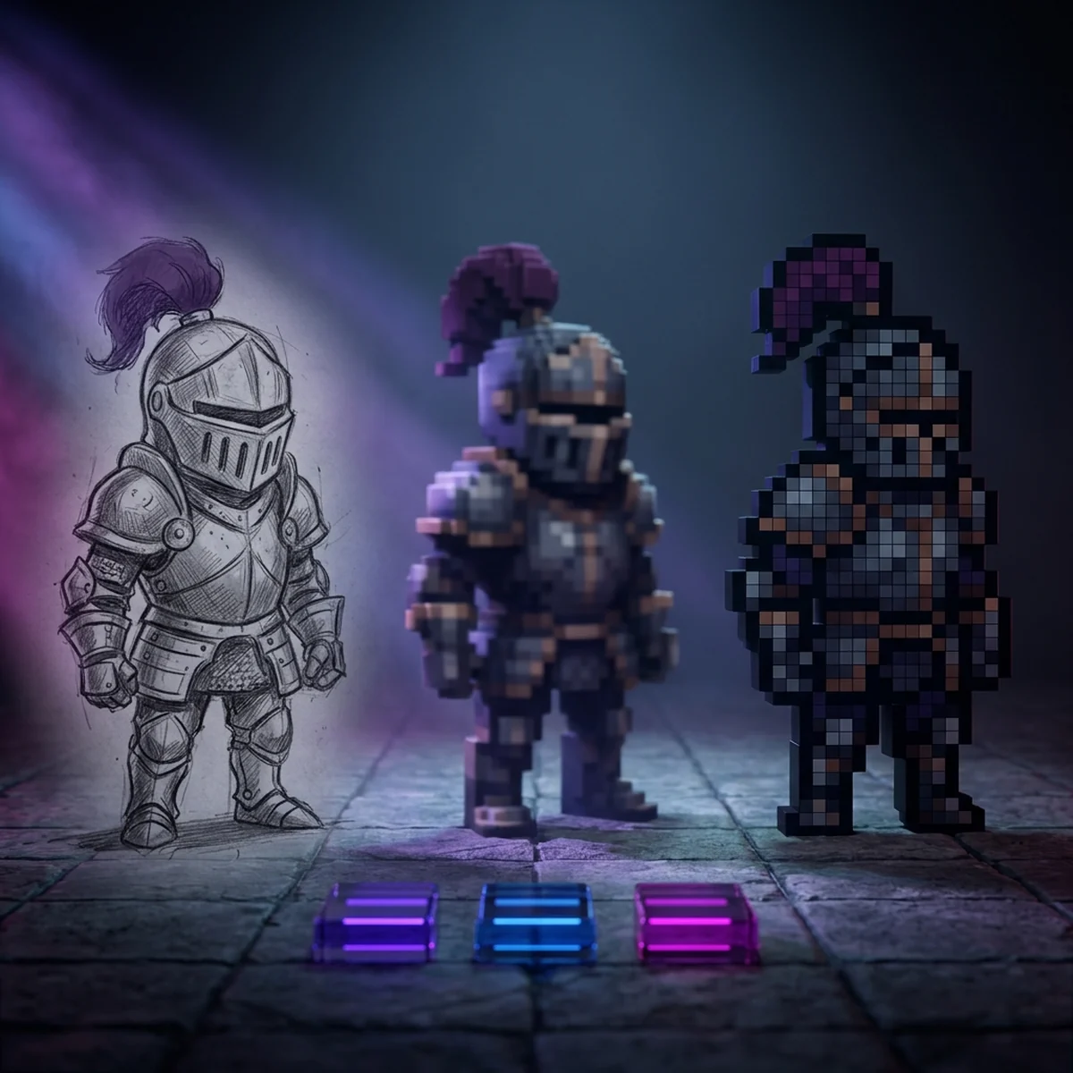 Desenho de personagem à esquerda, versão pixelada borrada no meio e sprite de pixel art limpo à direita