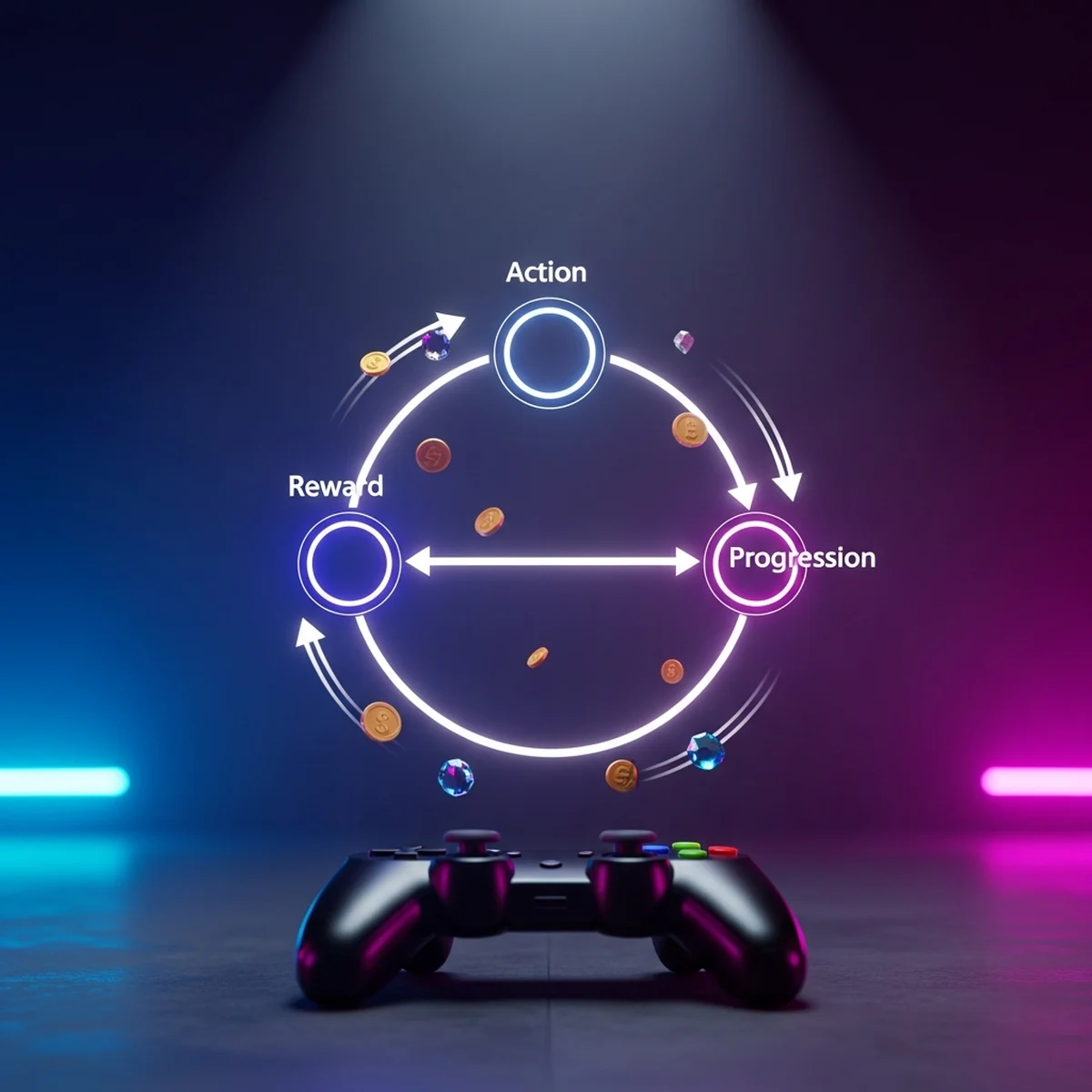 Diagrama circular representando o ciclo de ação e recompensa de um core loop de jogo