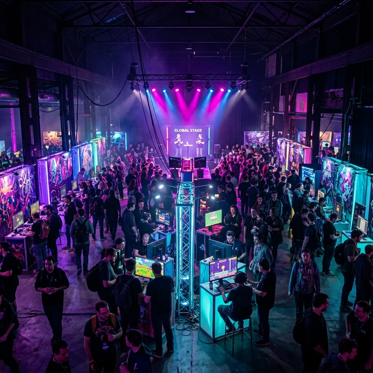 Salao de feira de jogos indie com estandes, estacoes de playtest e um palco iluminado ao fundo, desenvolvedores conversando em grupos