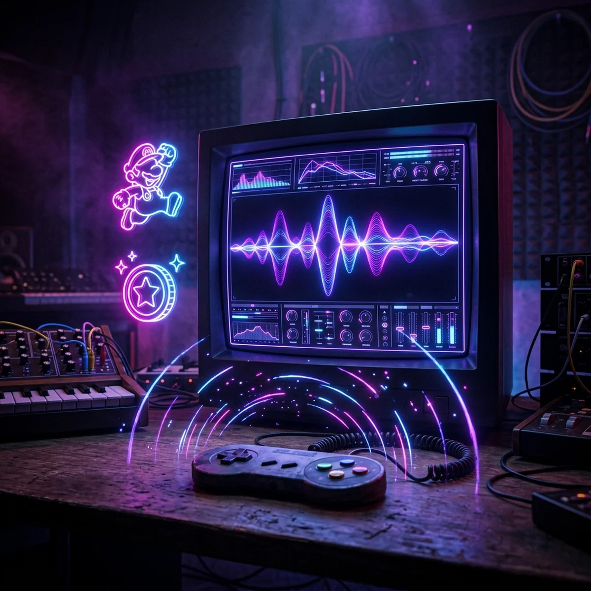 Tela de um gerador de efeitos sonoros retro com waveform e botões de pulo, moeda e explosão
