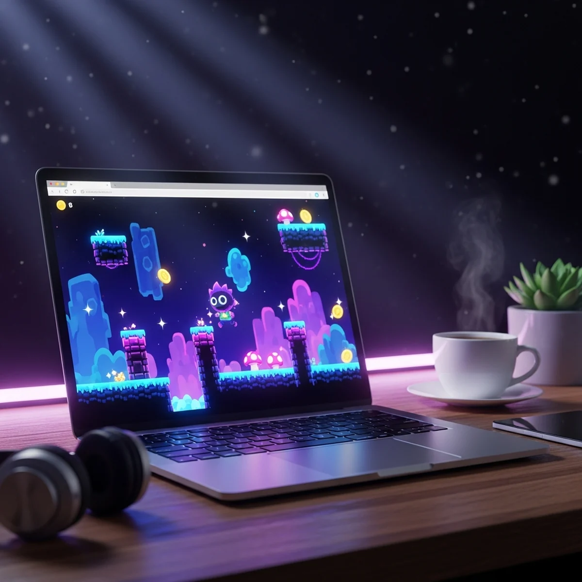 Jogo indie colorido rodando dentro de uma aba de navegador em um computador e um celular