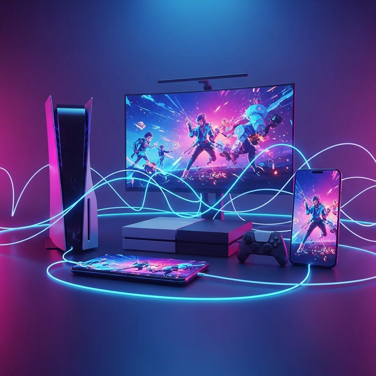 Jogadores em PC, console e celular conectados na mesma partida online, representando cross-play em jogos