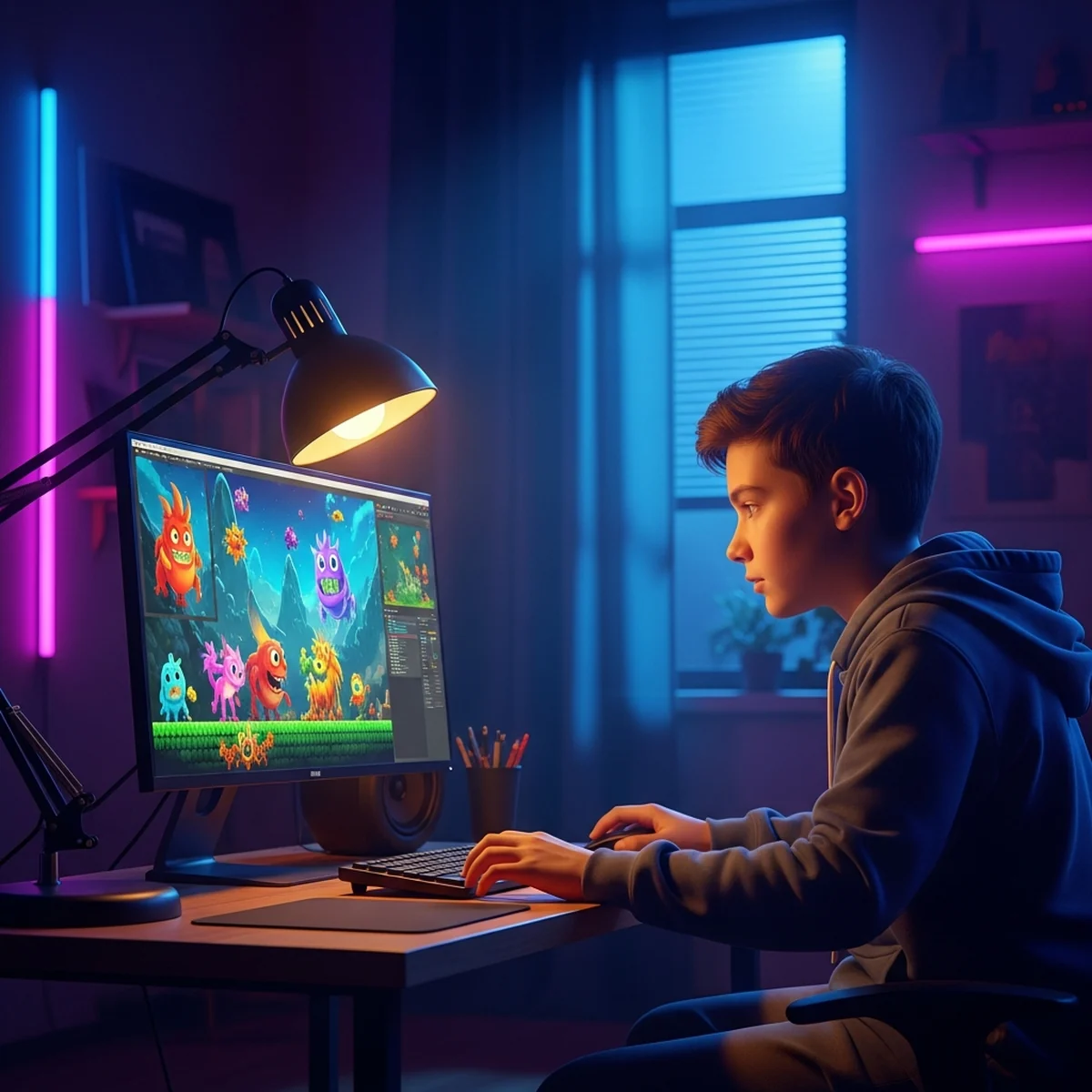 Adolescente concentrado criando um jogo no computador no quarto de casa, com o projeto aberto na tela