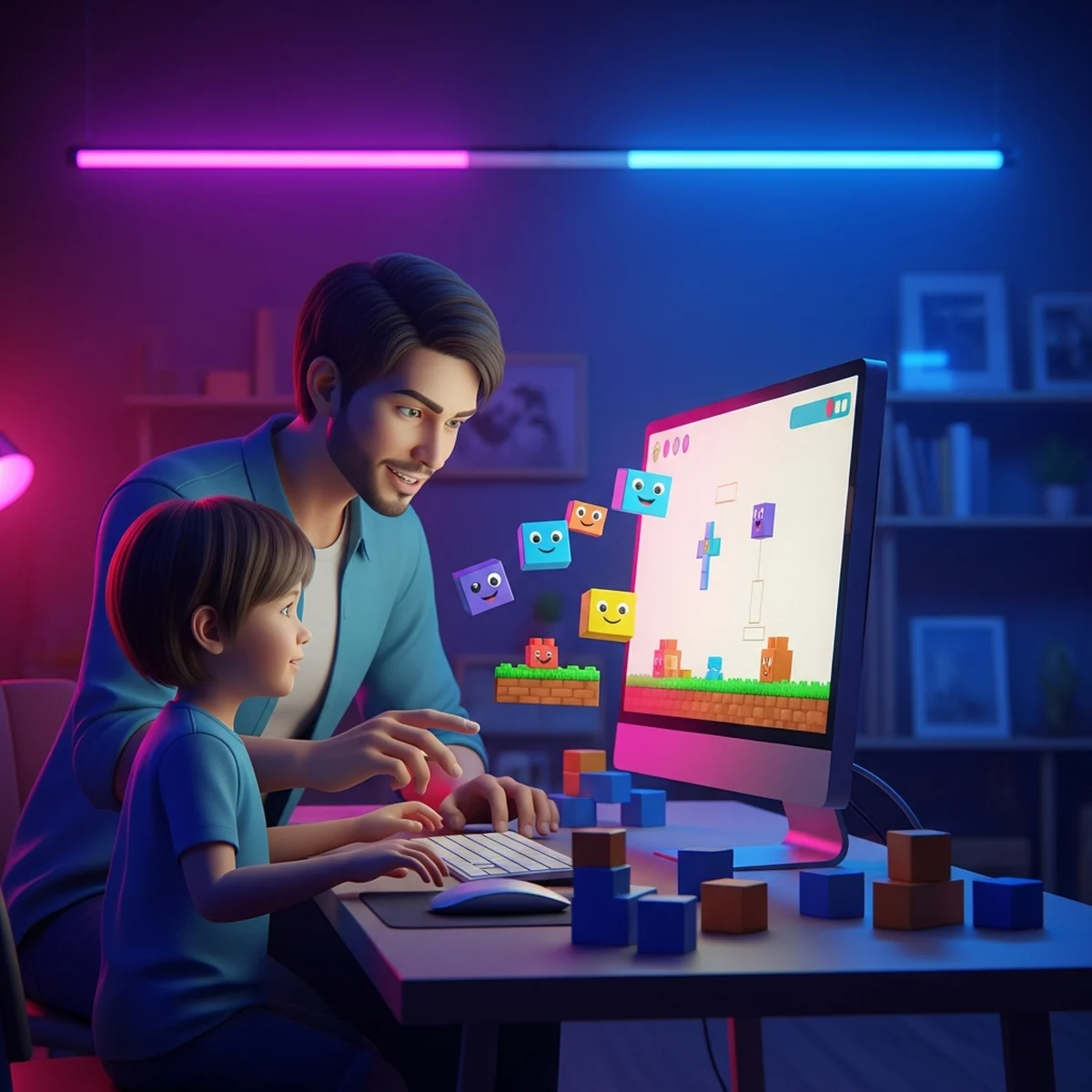 Crianca sorrindo em frente ao computador montando um jogo com blocos coloridos na tela, com um adulto acompanhando ao lado