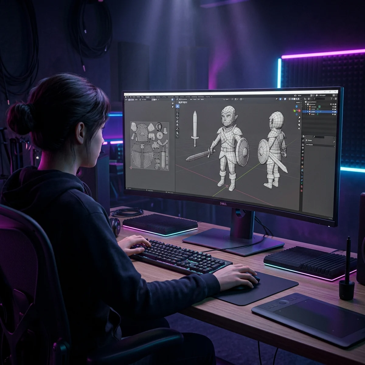 Artista 3D modelando asset low-poly no Blender com malha wireframe visível na tela