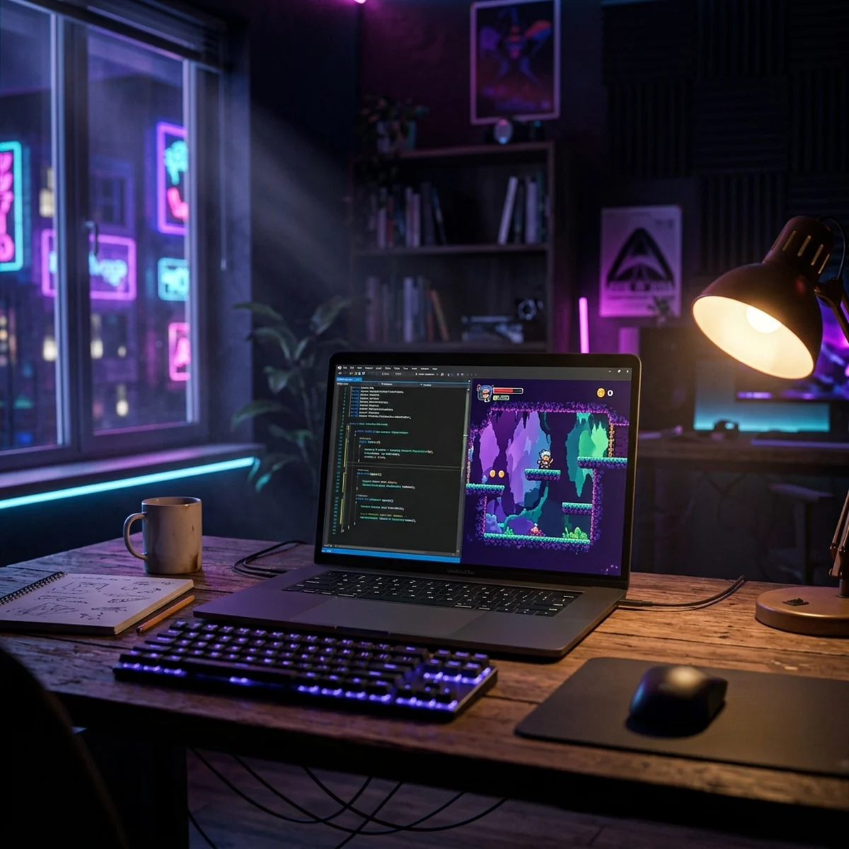 Pessoa estudando código C# em um editor com um projeto de jogo aberto na tela ao lado