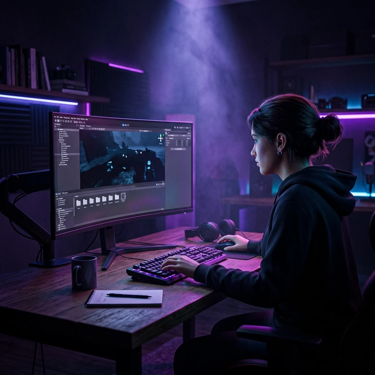 Pessoa estudando a interface da Unity na tela do computador, com painéis de cena e inspector abertos