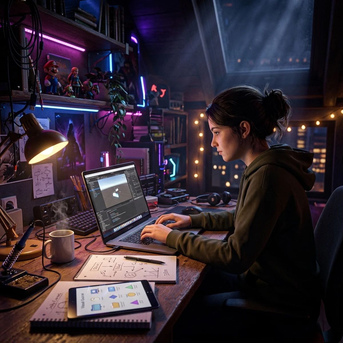 Pessoa estudando programacao de jogos em um notebook a noite, com anotacoes espalhadas na mesa