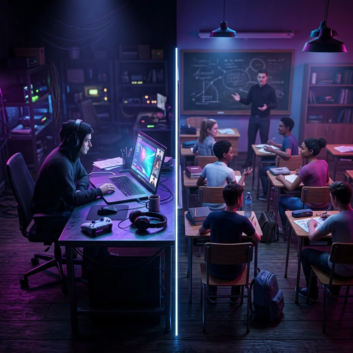 Pessoa estudando desenvolvimento de jogos no computador em casa ao lado de uma sala de aula com turma