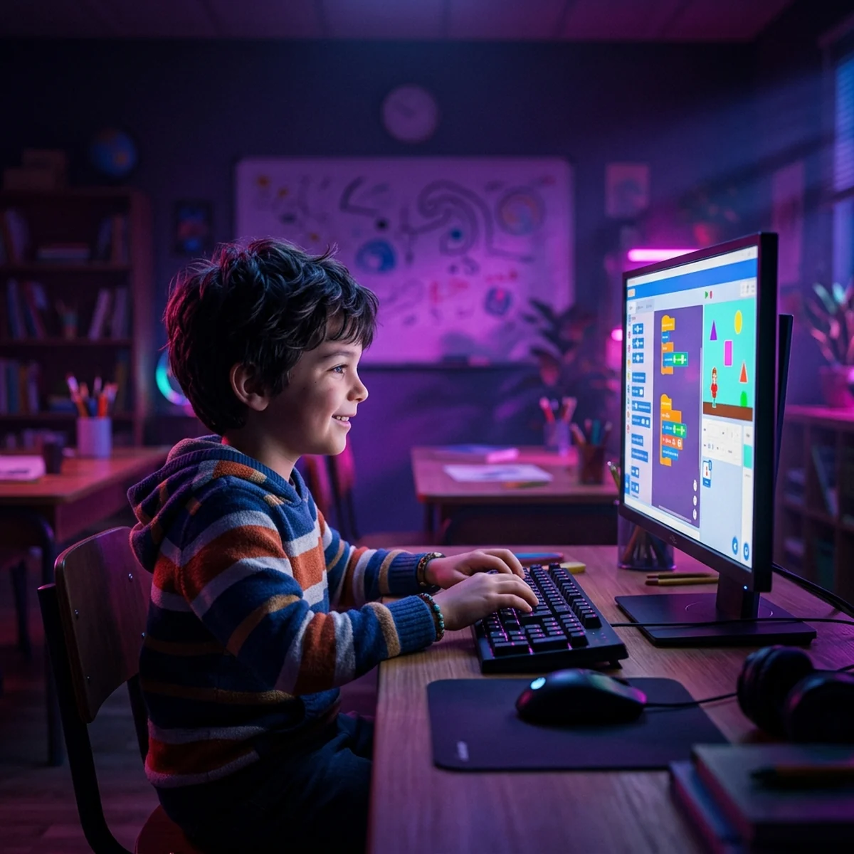 Crianca sentada ao computador montando um jogo simples com blocos coloridos na tela, concentrada e sorrindo