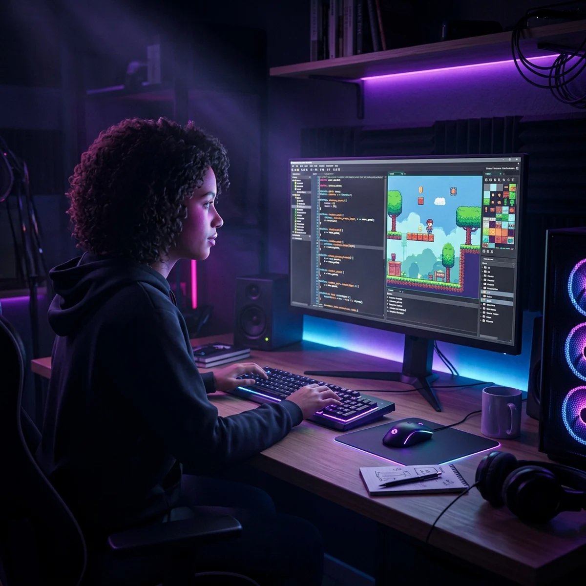 Cena de estudo com GameMaker aberto montando um jogo 2D de plataforma