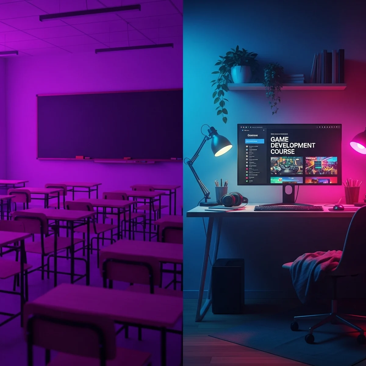 Estudante comparando um curso de criação de jogos presencial e um curso online na tela do computador