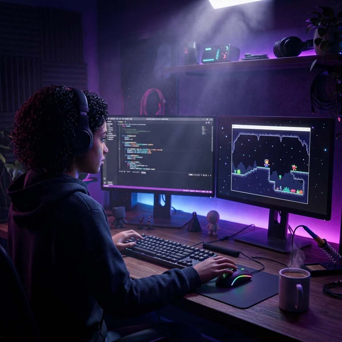 Mesa de estudo com editor de código Python e uma janela de jogo Pygame simples em execução