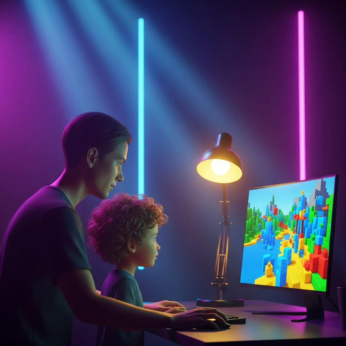 Crianca concentrada no computador criando um jogo no Roblox Studio, com um adulto acompanhando ao lado da mesa