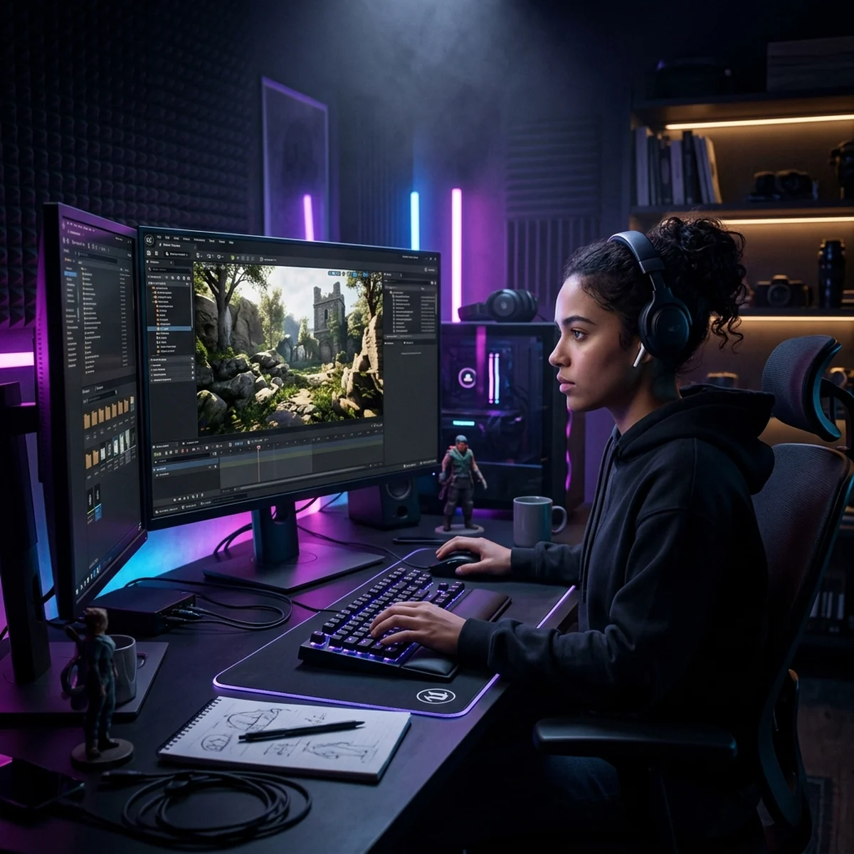 Pessoa estudando a interface da Unreal Engine na tela do computador, com viewport 3D e grafo de Blueprints abertos
