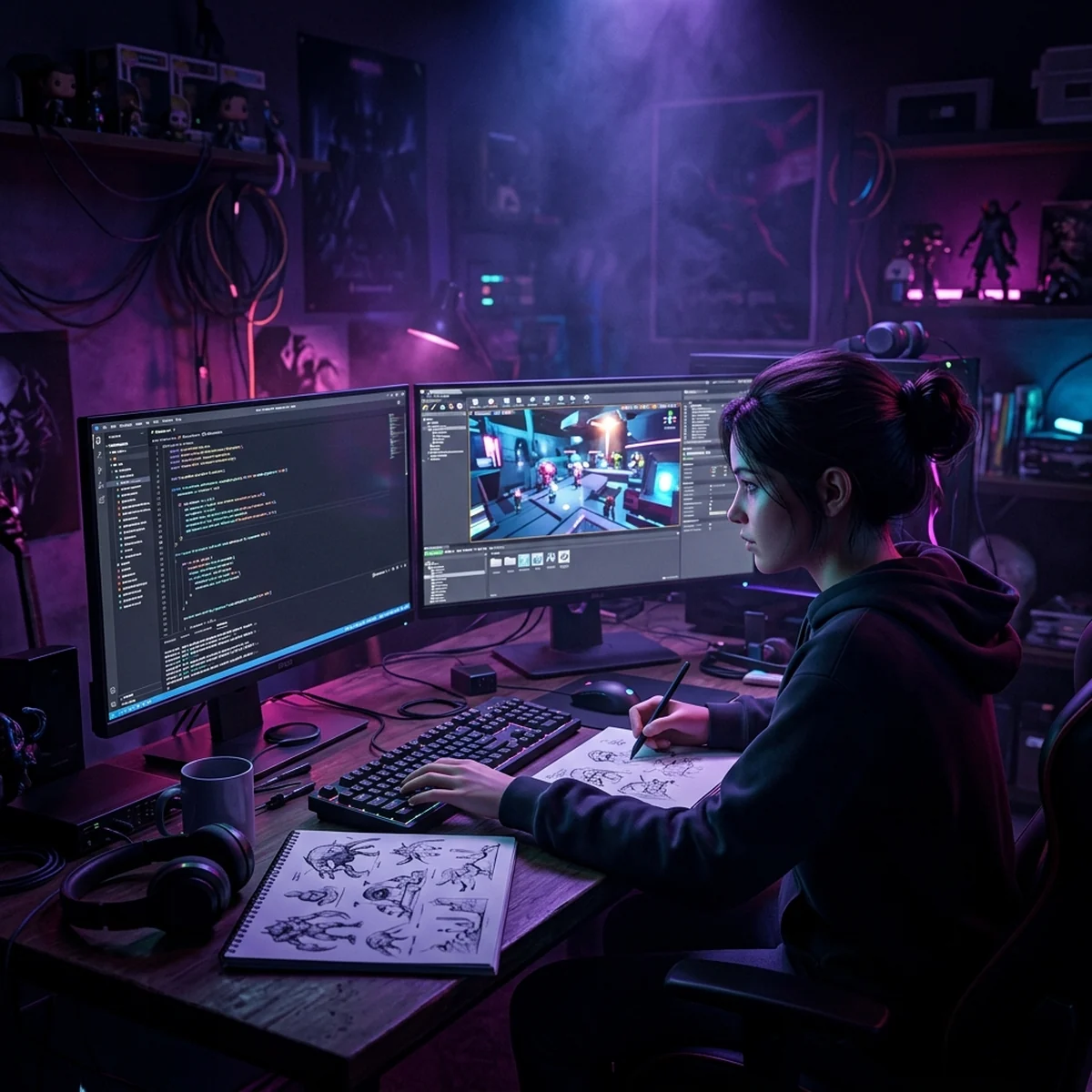 Person studying game development at a computer, writing code and viewing a game engine, no text