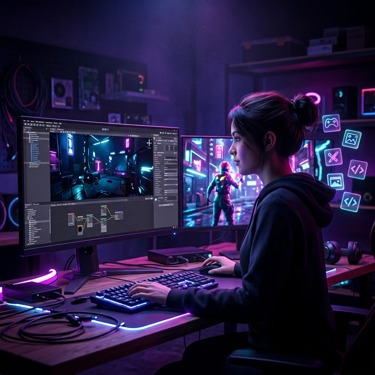 Pessoa estudando desenvolvimento de jogos no computador com uma engine aberta, ao lado de um jogo terminado rodando em outra tela