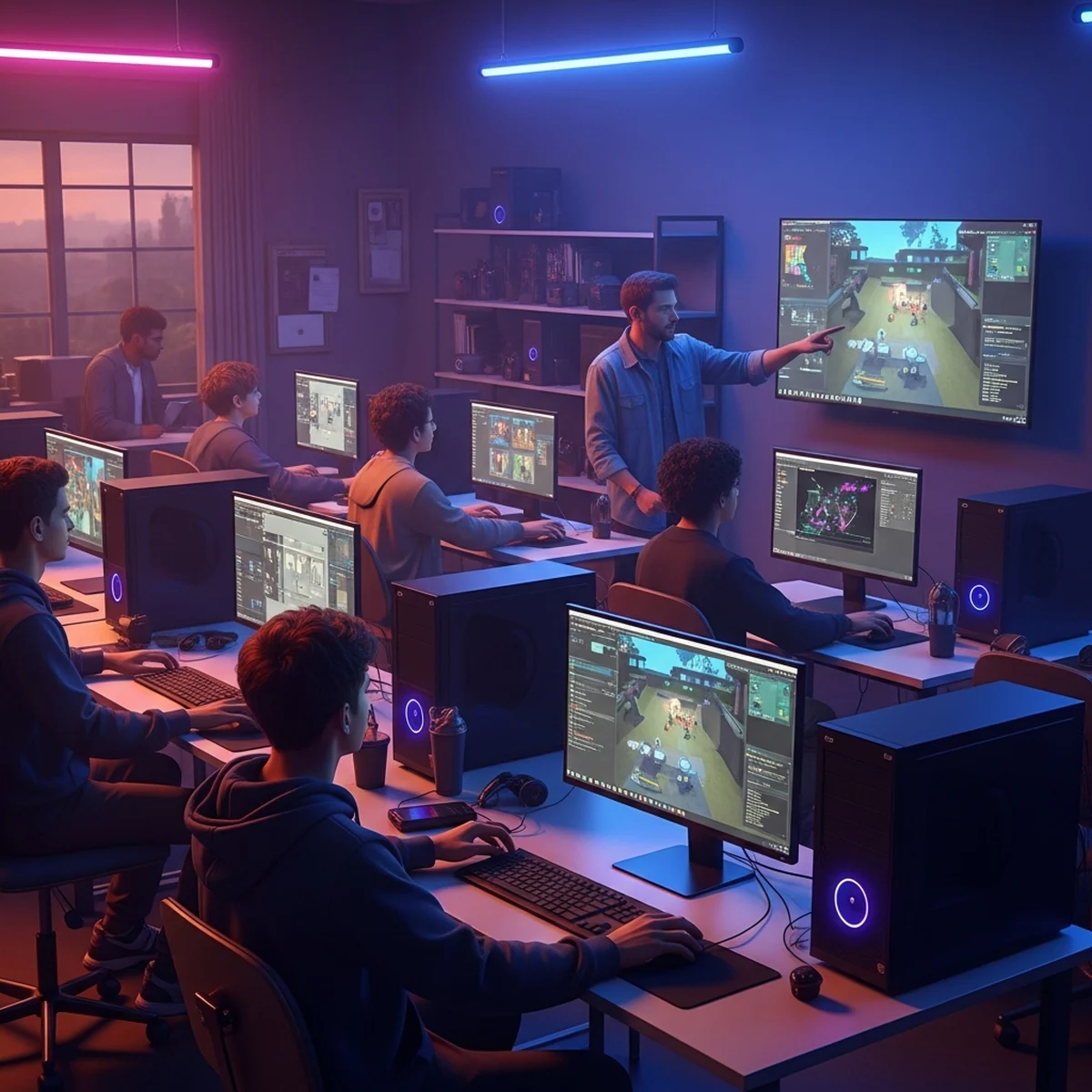 Estudante em sala de aula de escola técnica programando um jogo no computador, com anotações de game design ao lado