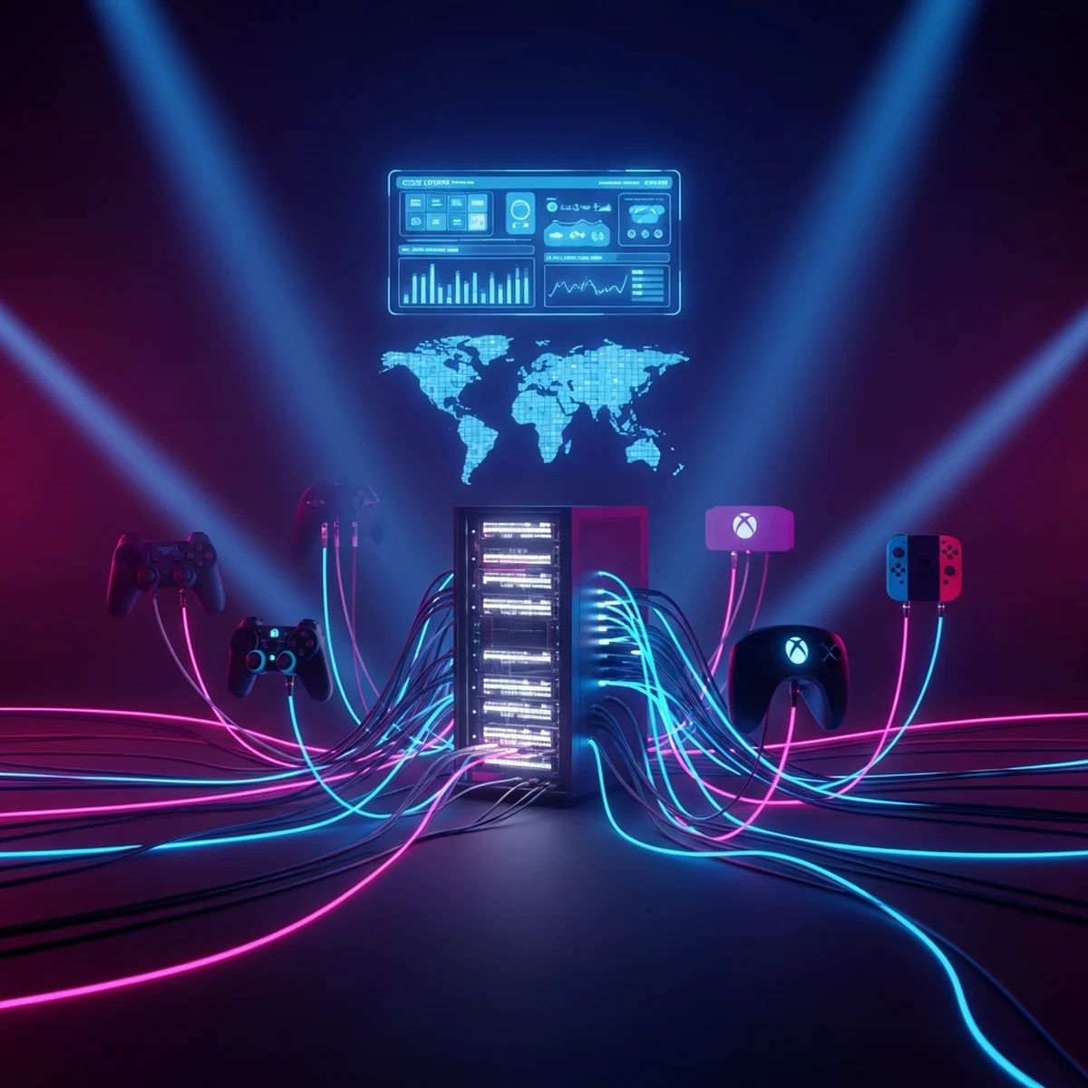 Racks de servidor com cabos de rede luminosos conectando controles de videogame ao redor de um mapa-múndi, com um holograma de calculadora de custos