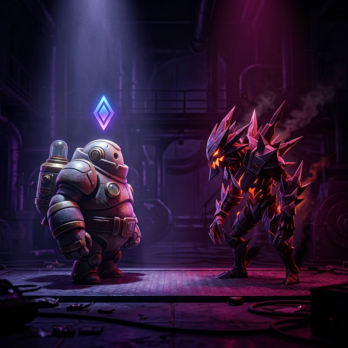 Dois personagens de jogo, aliado e inimigo, diferenciados por formato do corpo e ícone acima da cabeça, além da cor