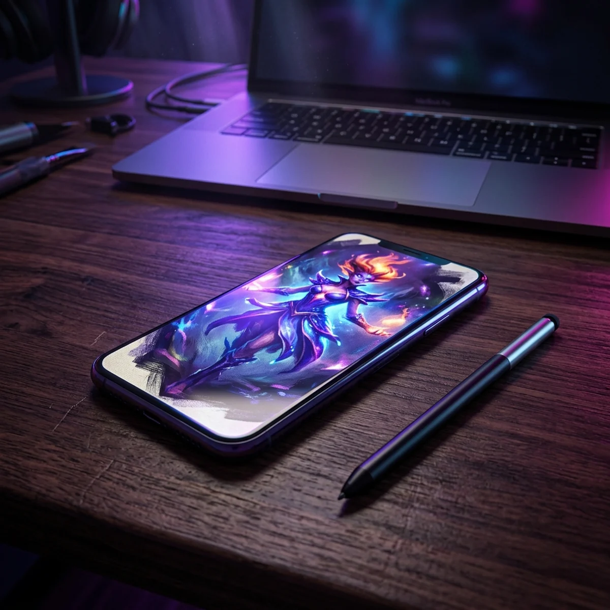 Celular apoiado na mesa com um personagem de jogo sendo pintado na tela, uma caneta capacitiva ao lado e um notebook ao fundo