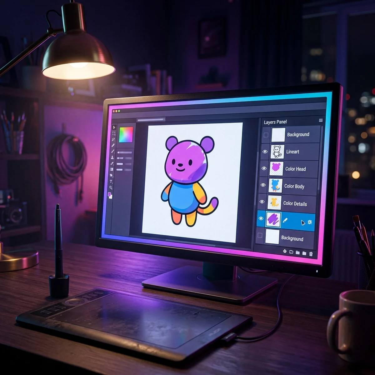 Tela de programa de desenho com um personagem simples em formas básicas sendo colorido em camadas, com uma caneta digital ao lado