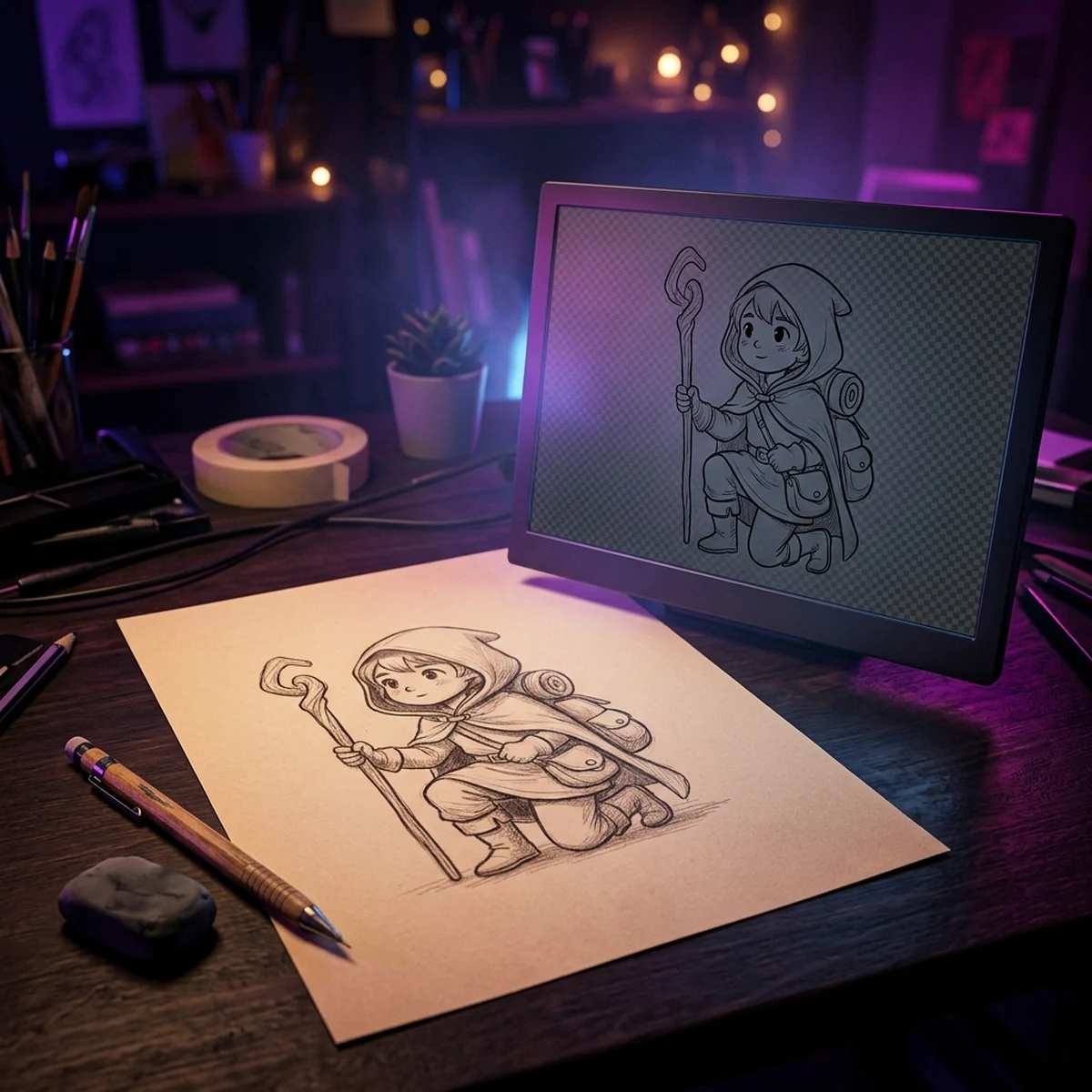 Folha de papel com desenho a lápis de um personagem ao lado de uma tela mostrando o mesmo desenho com a linha limpa sobre fundo transparente