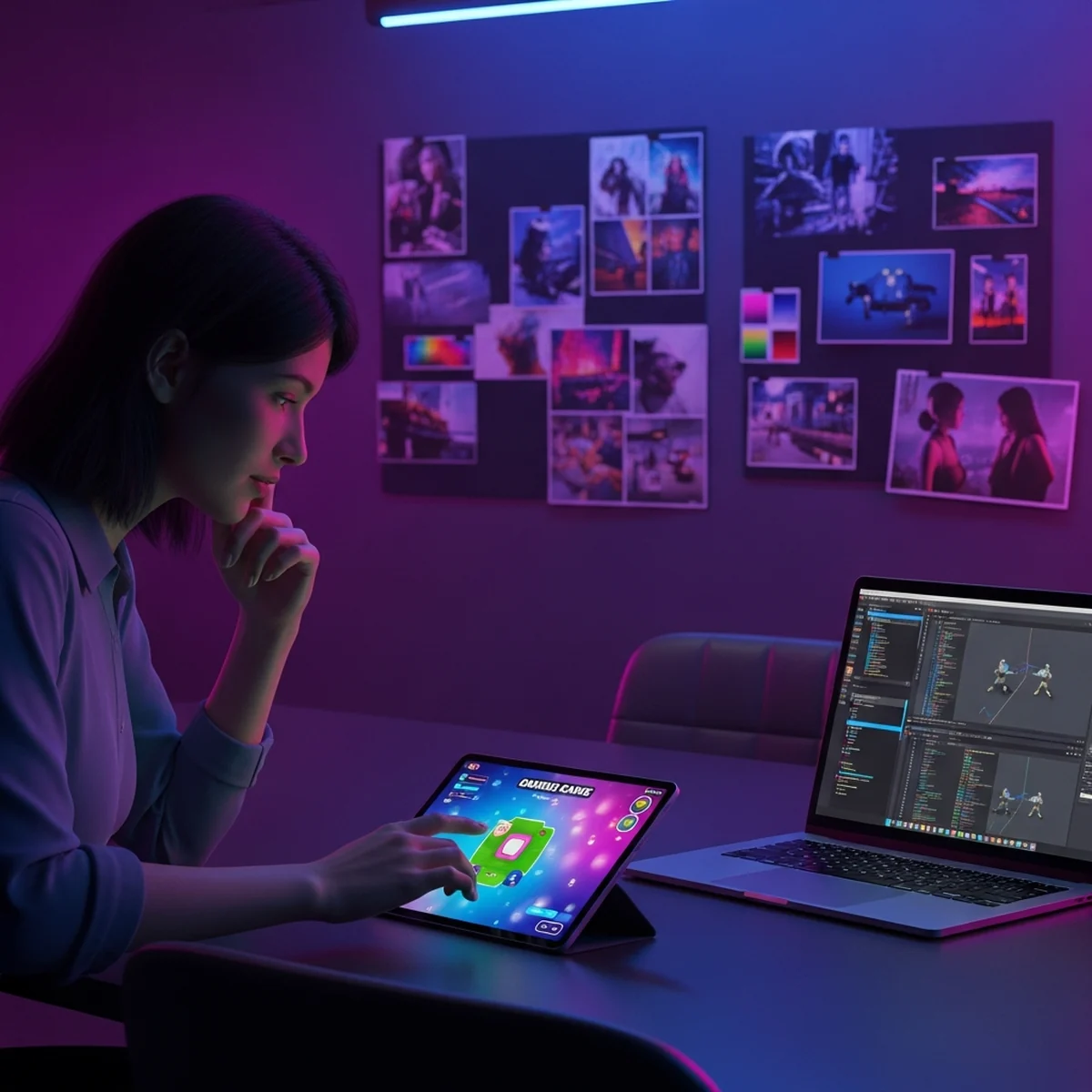 Reunião em escritório corporativo com notebook exibindo um advergame colorido de marca ao lado de anotações de campanha de marketing