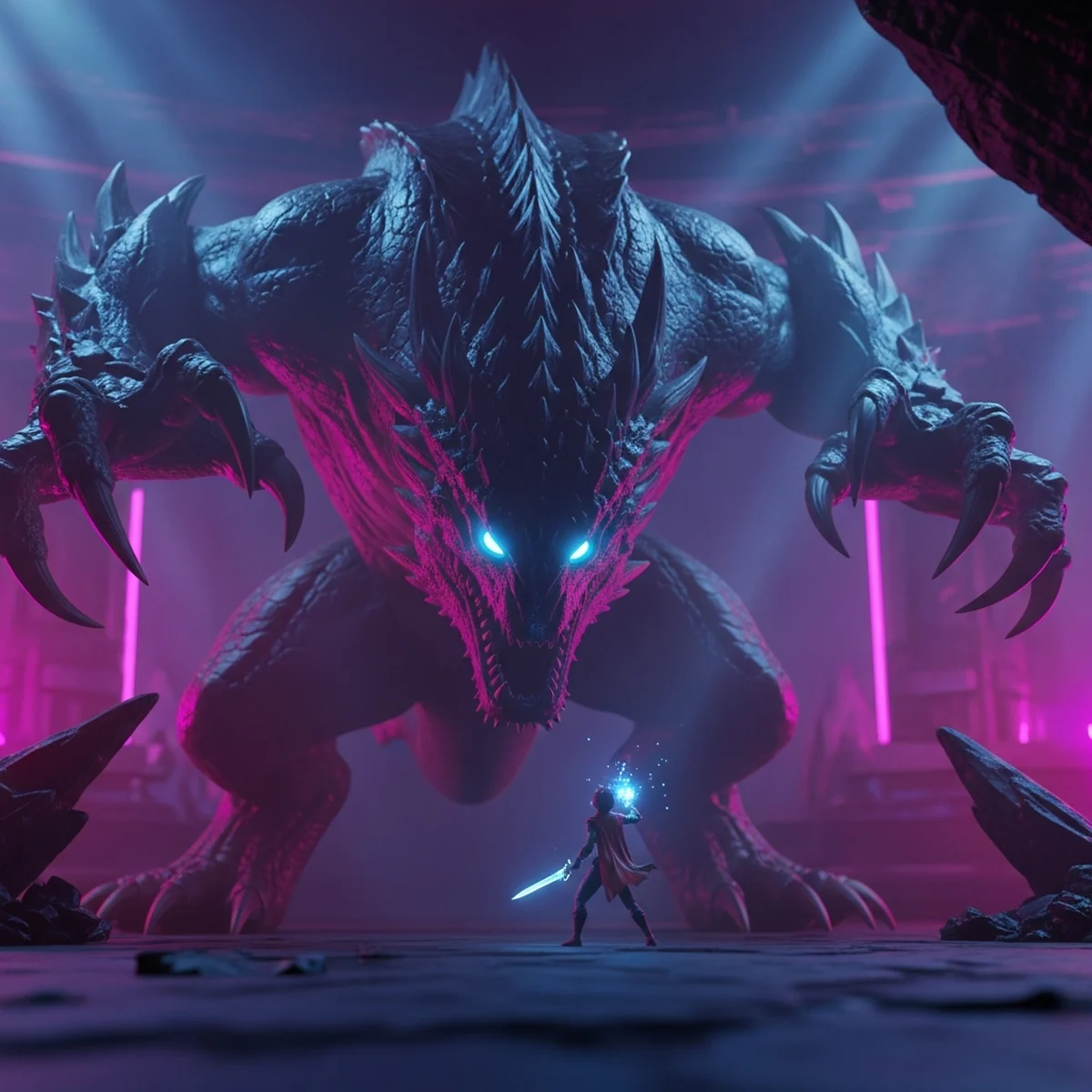 Personagem enfrentando um chefe gigante em uma arena com ataques telegrafados no chao