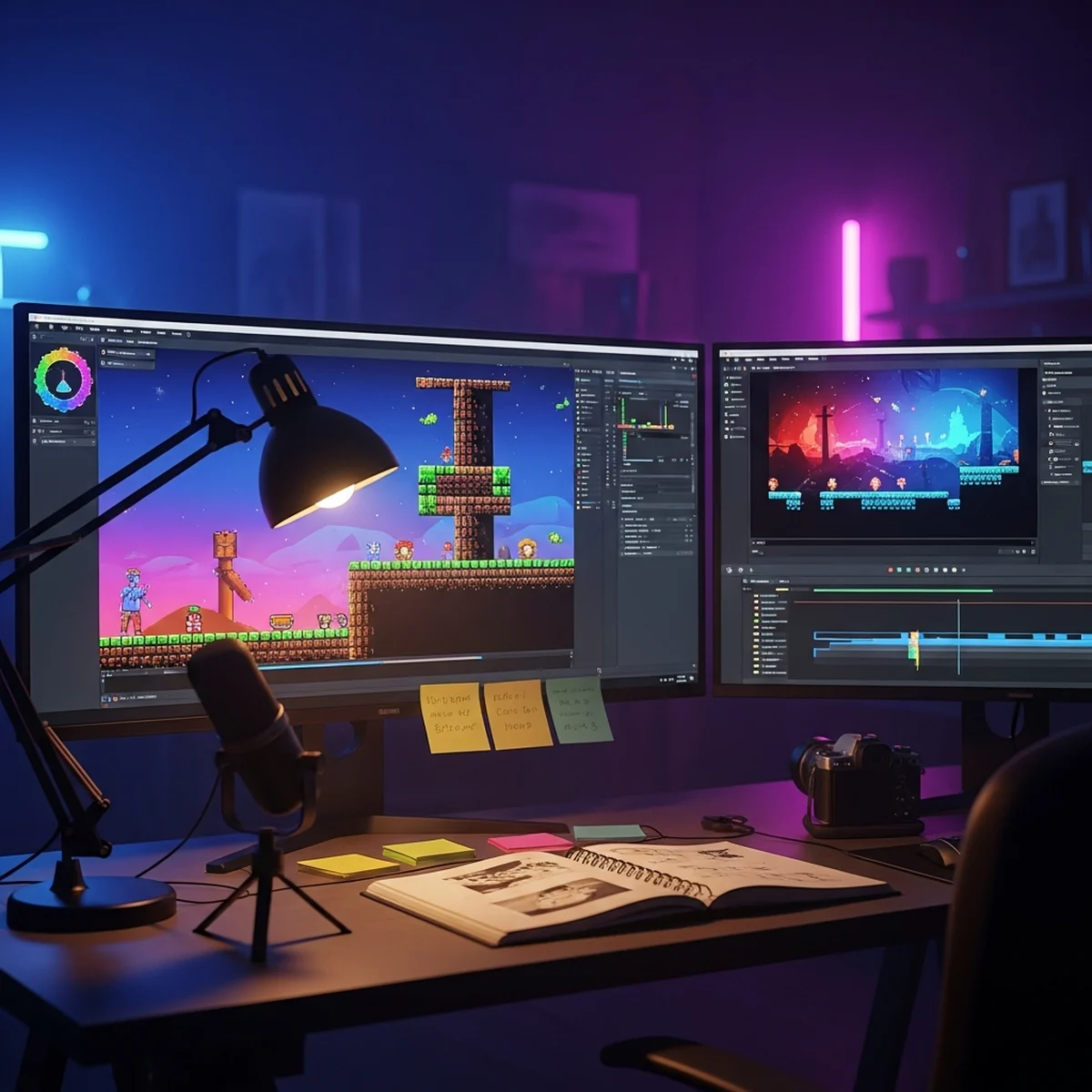 Desenvolvedor de jogos gravando um devlog em sua mesa com o projeto aberto na tela