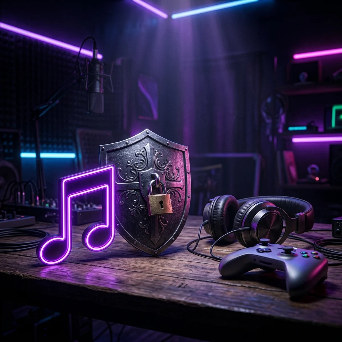 Nota musical sobreposta a um símbolo de direitos autorais na tela de um jogo em desenvolvimento